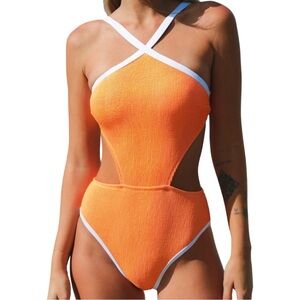 Cupshe Tangerine Orange‎ Ribbed Cut Out One Piece Vacation Swimsuit Medium NWT